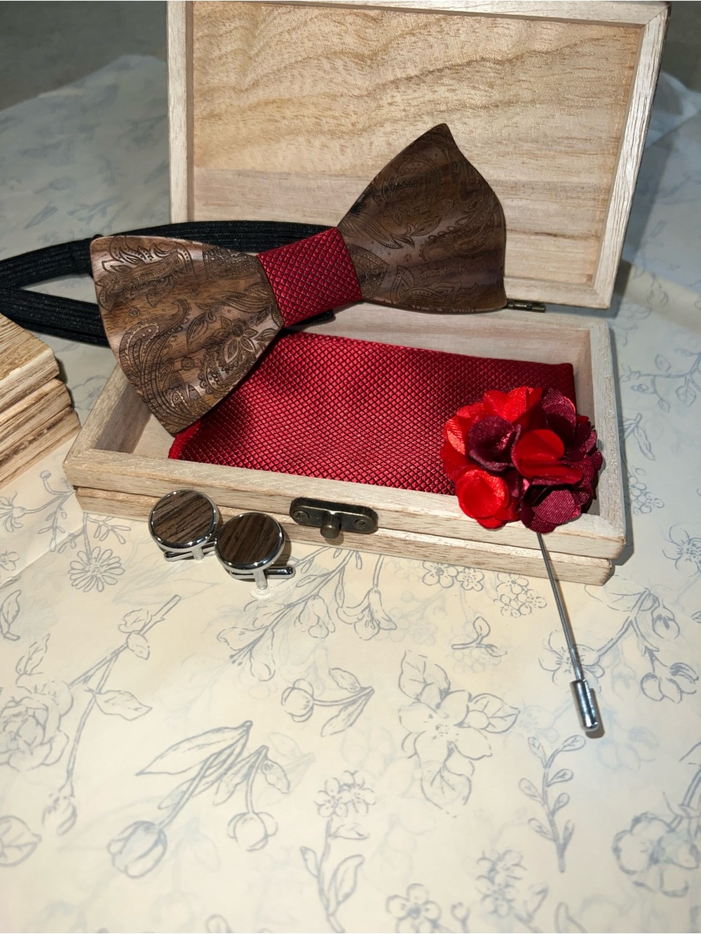 Wood Bow Tie with Paisley scroll designs, pocket square, Lapel Flower, Cufflinks
